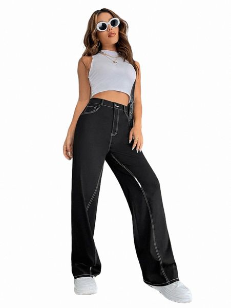 

high waist stitching wide leg pants 99vt#, Black;white