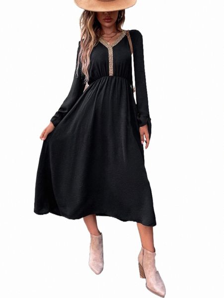 

guipure lace insert lantern sleeve dress s7v2#, Black;gray