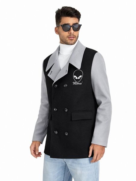 

x alienated men letter graphic flap detail double breasted coat 21pg#, Black;brown