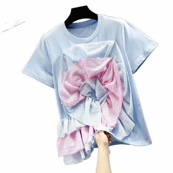 

three-dimensional flower short-sleeved t-shirt women 2021 spring summer korean thin striped tees basic t-shirts women's b7no#, White
