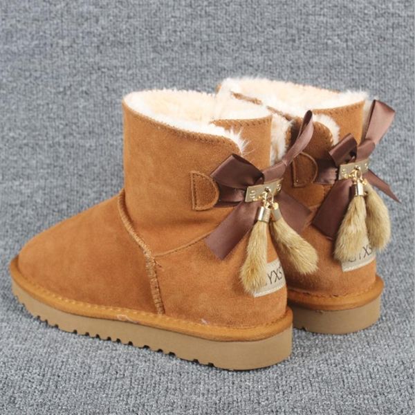 

kids girls boys ankle winter snow boots for children warm genuine leather fashion child solid color boot shoes pendant tassel du2461, Black;grey