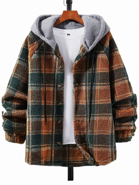

men plaid print raglan sleeve hooded overcoat without tee 081n#, Black