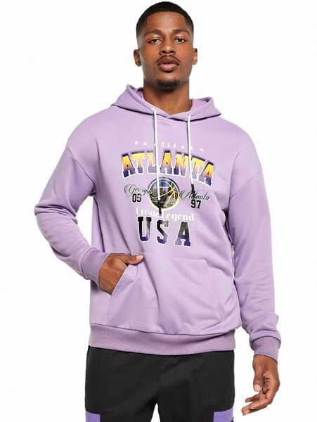 

men letter graphic kangaroo pocket drawstring hoodie k0vu#, Black