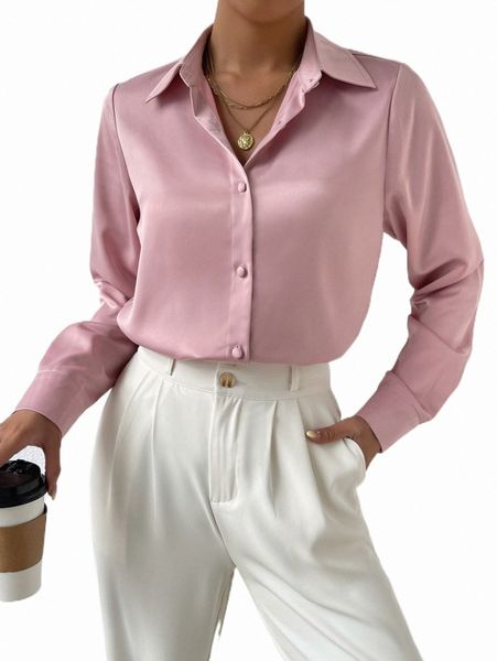 

solid button front satin shirt a1vt#, White