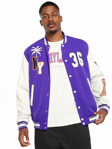 

men coconut tree & letter graphic colorblock varsity jacket s0el#, Black;brown