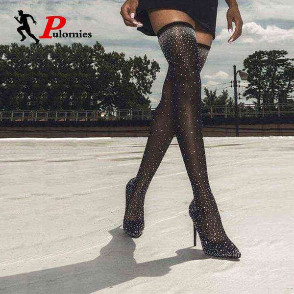 

boot women crystal stretch fabric sock pointy toe women' over the knee heel thigh high pointed woman long 1203, Black