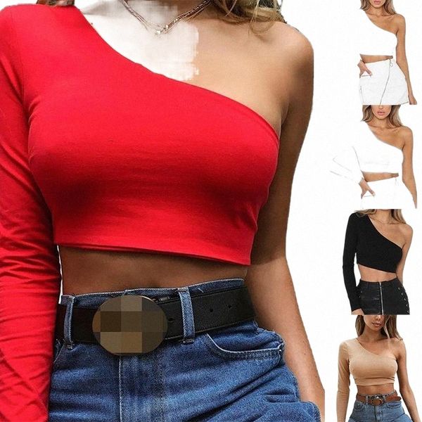 

women's diagonal shoulder long sleeve open neck short t-shirt k5tw#, White