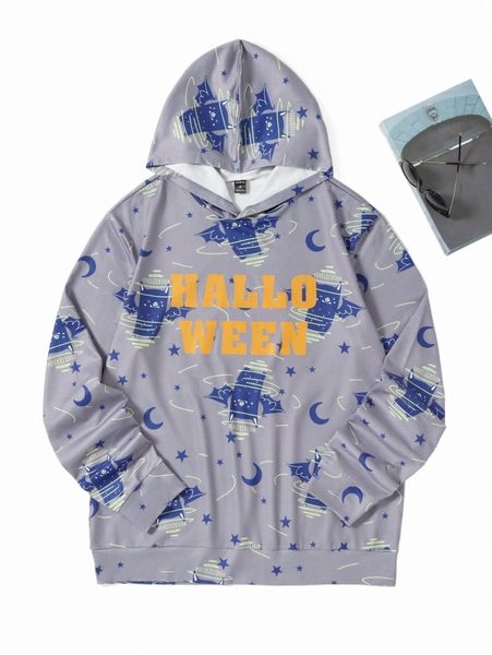 

men letter & astronaut print hoodie 71m1#, Black