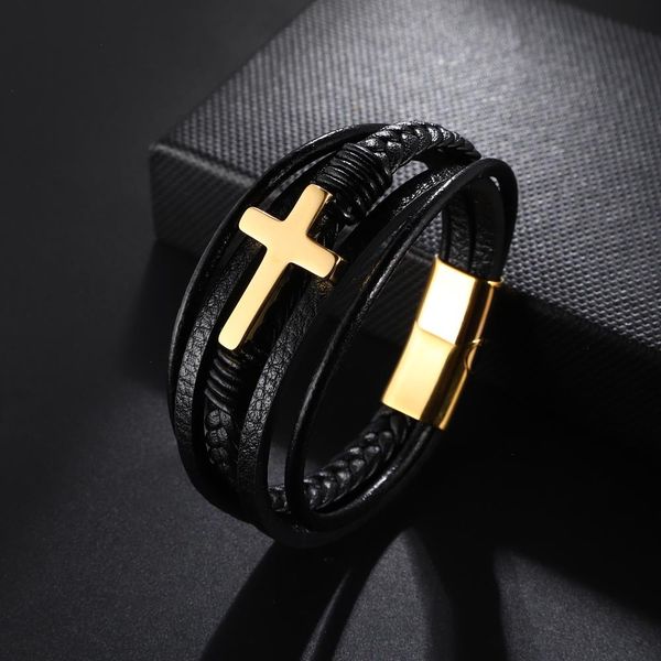 

prayer style multi layer design strand stainless steel fashion mens cross leather bracelet classic christmas for men women, Black