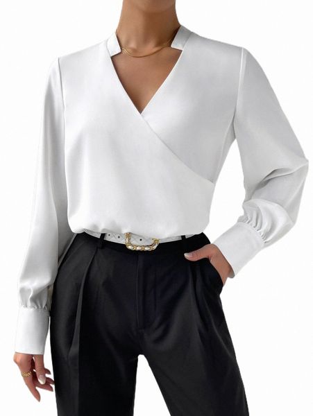 

solid surplice neck shirt y6bf#, White