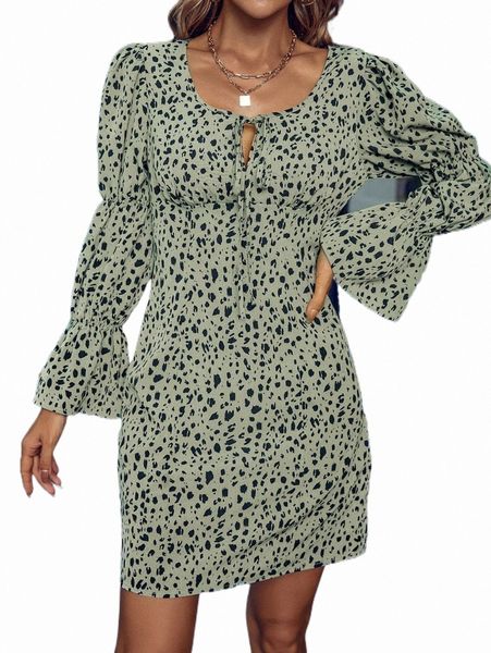 

dalmatian print knot front flounce sleeve dress l2z1#, Black;gray