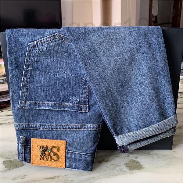 

men's jeans designer trendy and versatile 2022 spring high-end trendy embroidered jeans men's washing slim fit small foot elastic, Blue