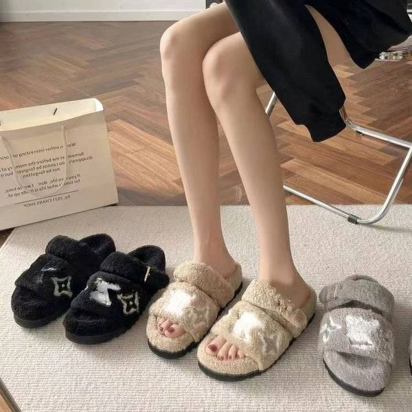 

letters hairy slippers op39 female word with lamb wool flat shoes 22 autumn winter new warm thick sole cotton shoes, Black