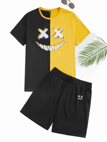 

men colorblock graphic print tee & track shorts set i1dj#, Gray