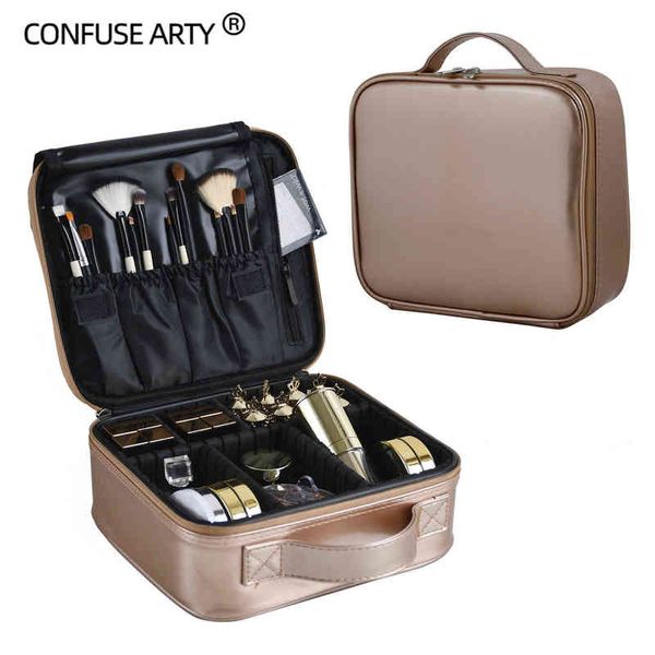 

2022 new gold pu leather makeup bag for women large capacity with compartments travel cosmetic case 220820
