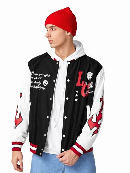 

men rose & slogan graphic varsity jacket p1tt#, Black;brown
