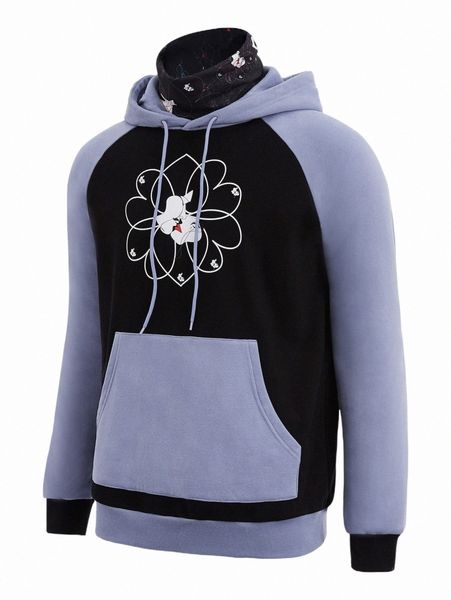 

x alienated men figure graphic raglan sleeve drawstring hoodie n03z#, Black