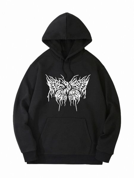 

men butterfly print kangaroo pocket drawstring thermal hoodie h8e4#, Black