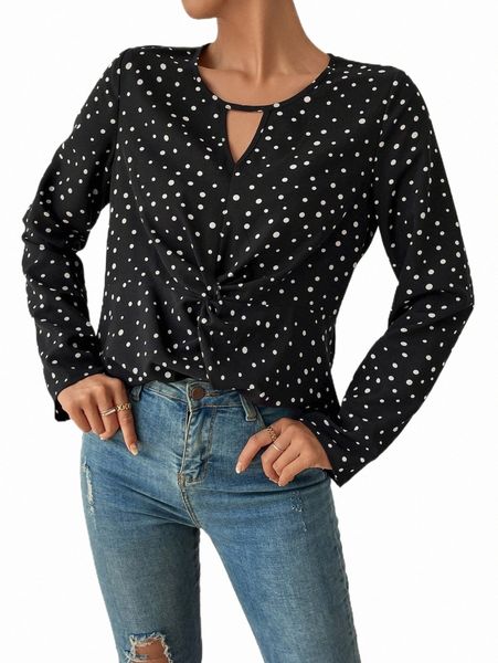 

polka dot keyhole neck blouse k7xx#, White