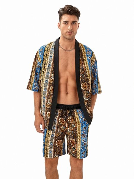

men random paisley print kimono & drawstring waist shorts r9xx#, Gray