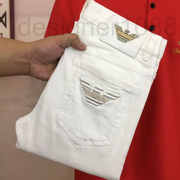 

men's jeans designer spring and autumn white embroidered trendy jeans men's slim fit little feet youth elastic personalized printi, Blue