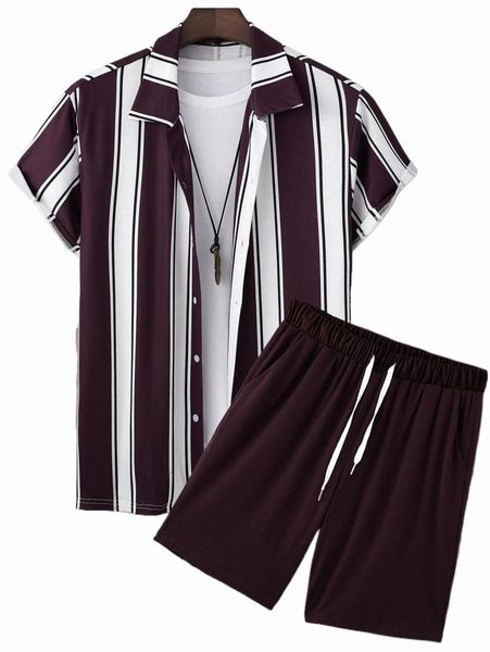 

men striped shirt & drawstring waist shorts without tee g46n#, Gray