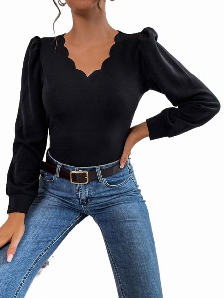 

scallop trim puff sleeve tee u9hi#, White