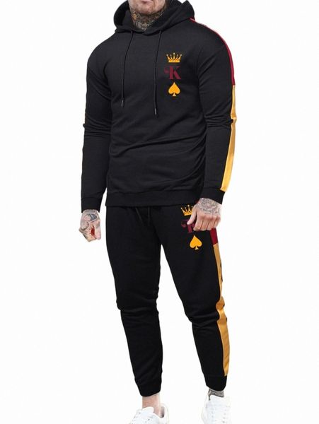 

men playing card print contrast sideseam drawstring hoodie & sweatpants y54v#, Gray