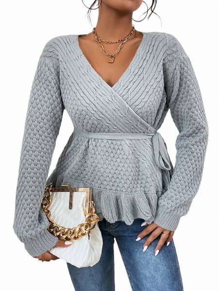 

surplice neck cable knit peplum belted sweater n2dz#, White;black