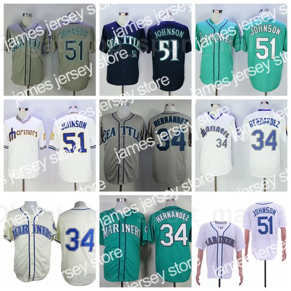 

new 1984 retror baseball vintage 51 randy johnson jersey 34 felix hernandez retire navy blue green white grey pullover cooperstown flexbase, Blue;black