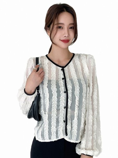 

dazy frill trim contrast binding bishop sleeve sheer blouse a1jo#, White