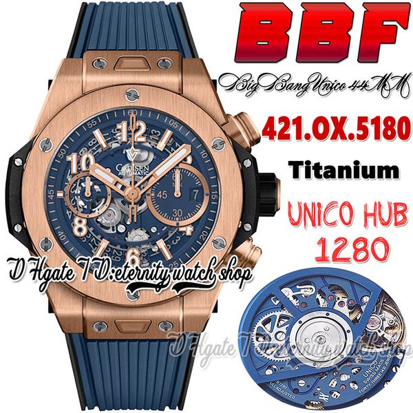 

bbf zf421.5180 unico titanium mens watch hub1280 automatic chronograph rose gold case blue skeleton dial stick arabic markers strap super ed, Slivery;brown