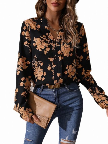 

floral print notched neck blouse f6d3#, White