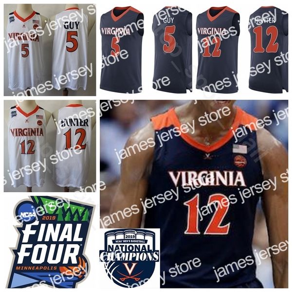 

new 24 ncaa 2019 final four champions college 12 de andre hunter jersey men virginia cavaliers 5 kyle guy navy blue white university uniform, Black