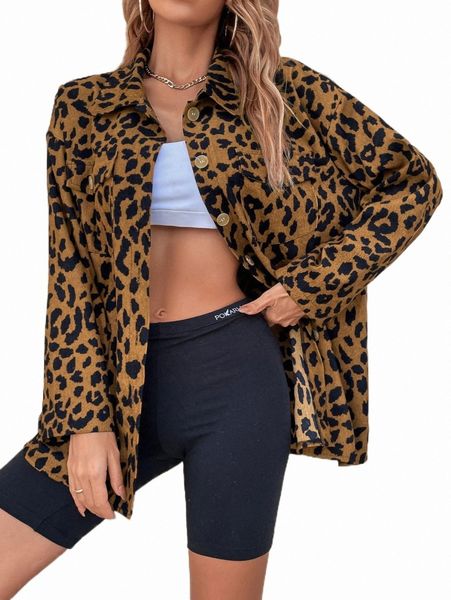 

leopard flap pocket drop shoulder coat r43o#, Black