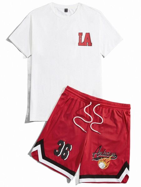 

men letter graphic tee & drawstring waist shorts set 22jg#, Gray