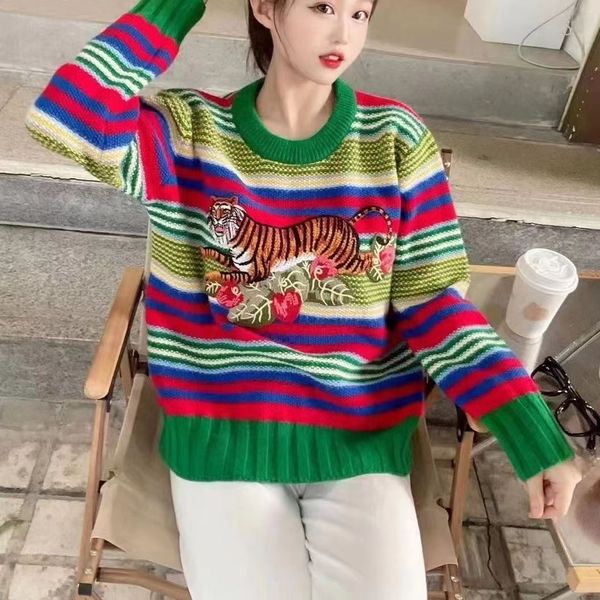 

womens sweater designer Sweaters women round collar Pullover Sweater Autumn and winter new colorful stripe embroidery tiger Knitted Top loosesweater coat, Yellow