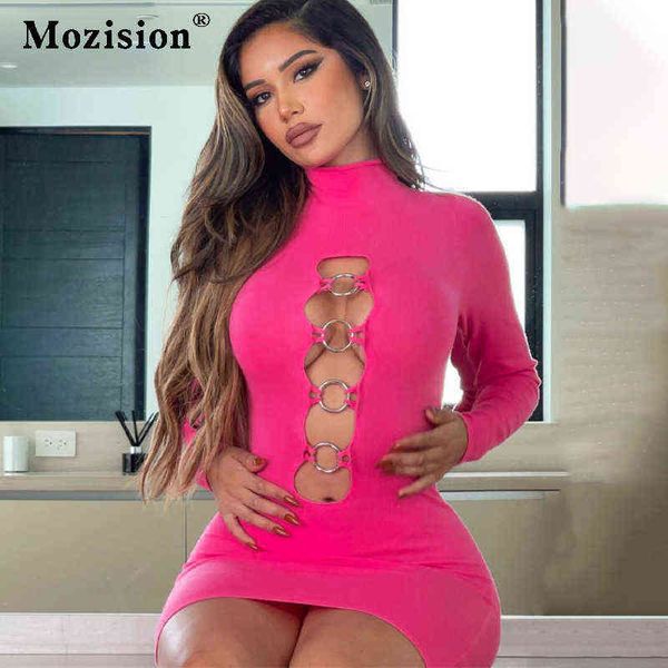 

mozision hollow out skinny mini dresses women rose pink o neck long sleeve bodycon dresses solid high waist slim dress t220819, Black;gray