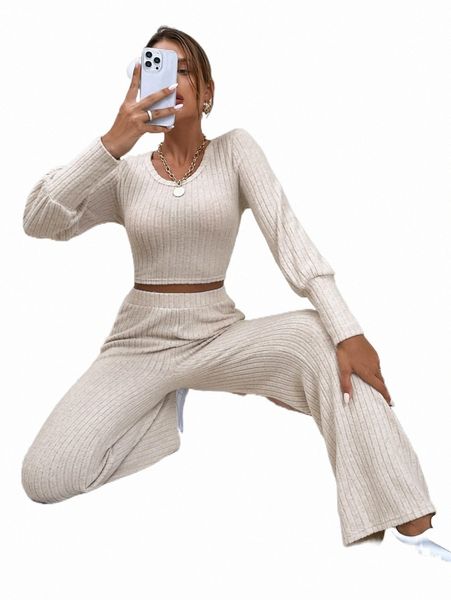 

solid v neck crop tee & pants f55n#, White