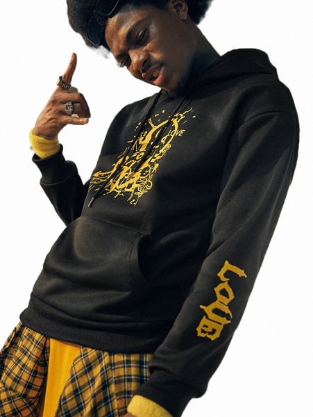 

romwe street life guys letter graphic hoodie m8f0#, Black