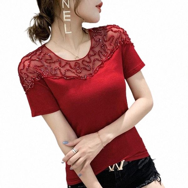 

female european summer small unlined upper hollow out heavy t-shirt scene o-neck 2021 embroidered flares women's x4zs#, White