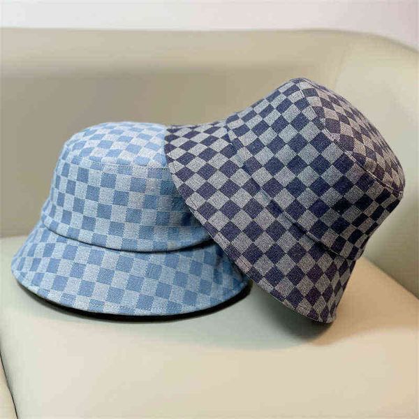 

hbp stingy brim hats new cowboy fisherman's hat spring and autumn festival chessboard lattice is versatile showing a small face summer, Blue;gray