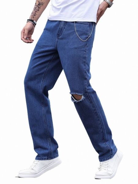 

men cut out ripped chain detail straight leg jeans p2d5#, Blue