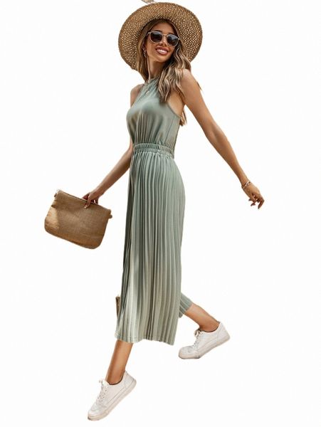 

zip back pleated halter jumpsuit 62ip#, Black;white