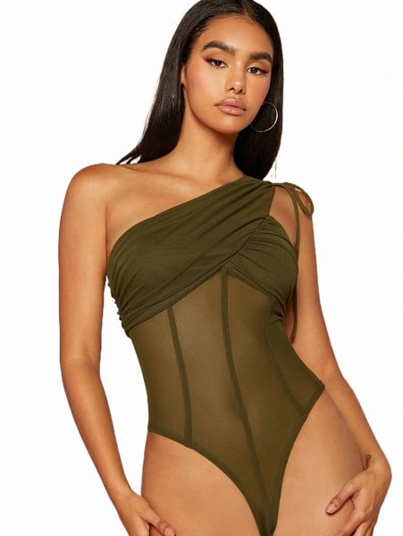 

one shoulder drawstring ruched sheer mesh bodysuit m95s#, White
