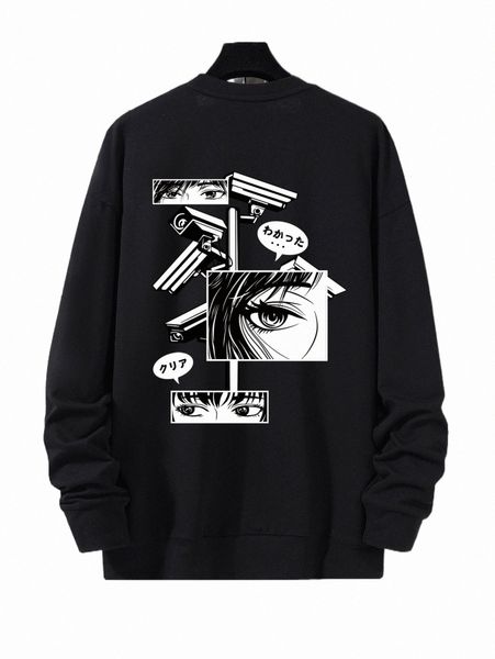

men japanese letter & figure graphic drop shoulder pullover e1fx#, Black