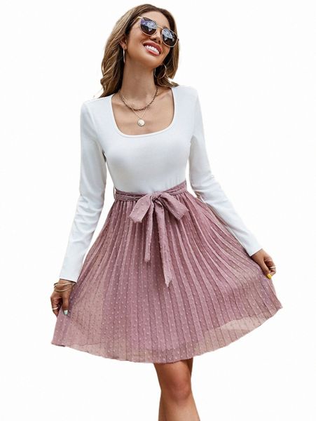 

swiss dot colorblock pleated hem belted dress t5fu#, Black;gray