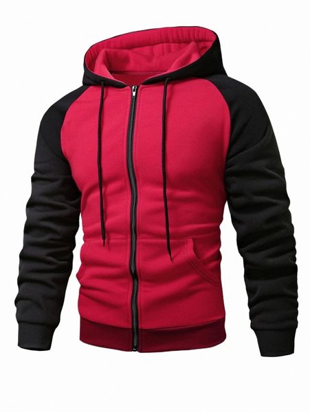 

men color block zip up raglan sleeve drawstring hoodie q5bw#, Black