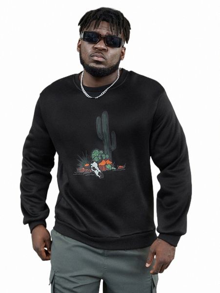 

extended sizes men cactus print sweatshirt 10co#, Black