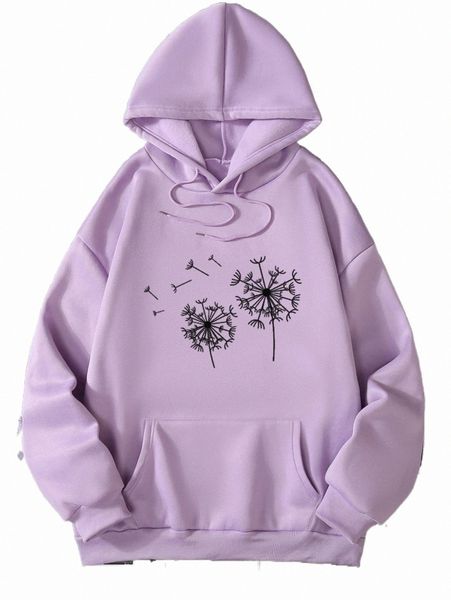 

dandelion print drawstring thermal hoodie l3i3#, Black